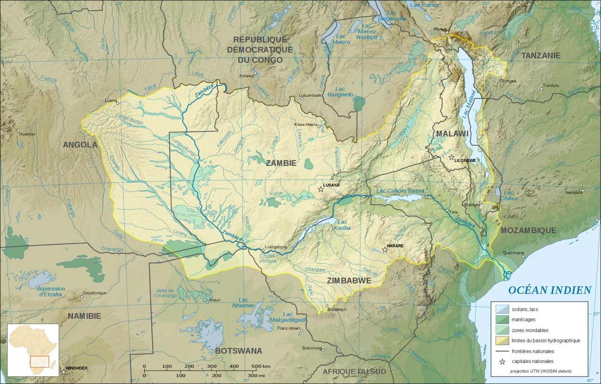mapa de Zàmbia mostrant rius i llacs